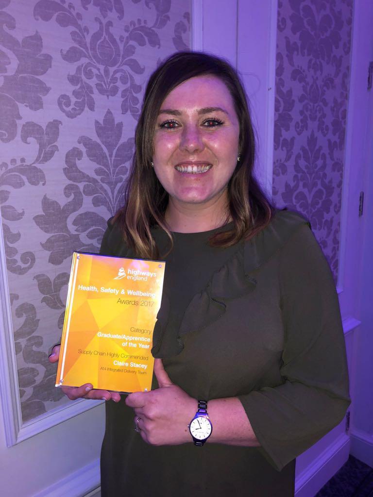 Claire Stacey accepting the Highways England Health, Safety & Wellbeing Award