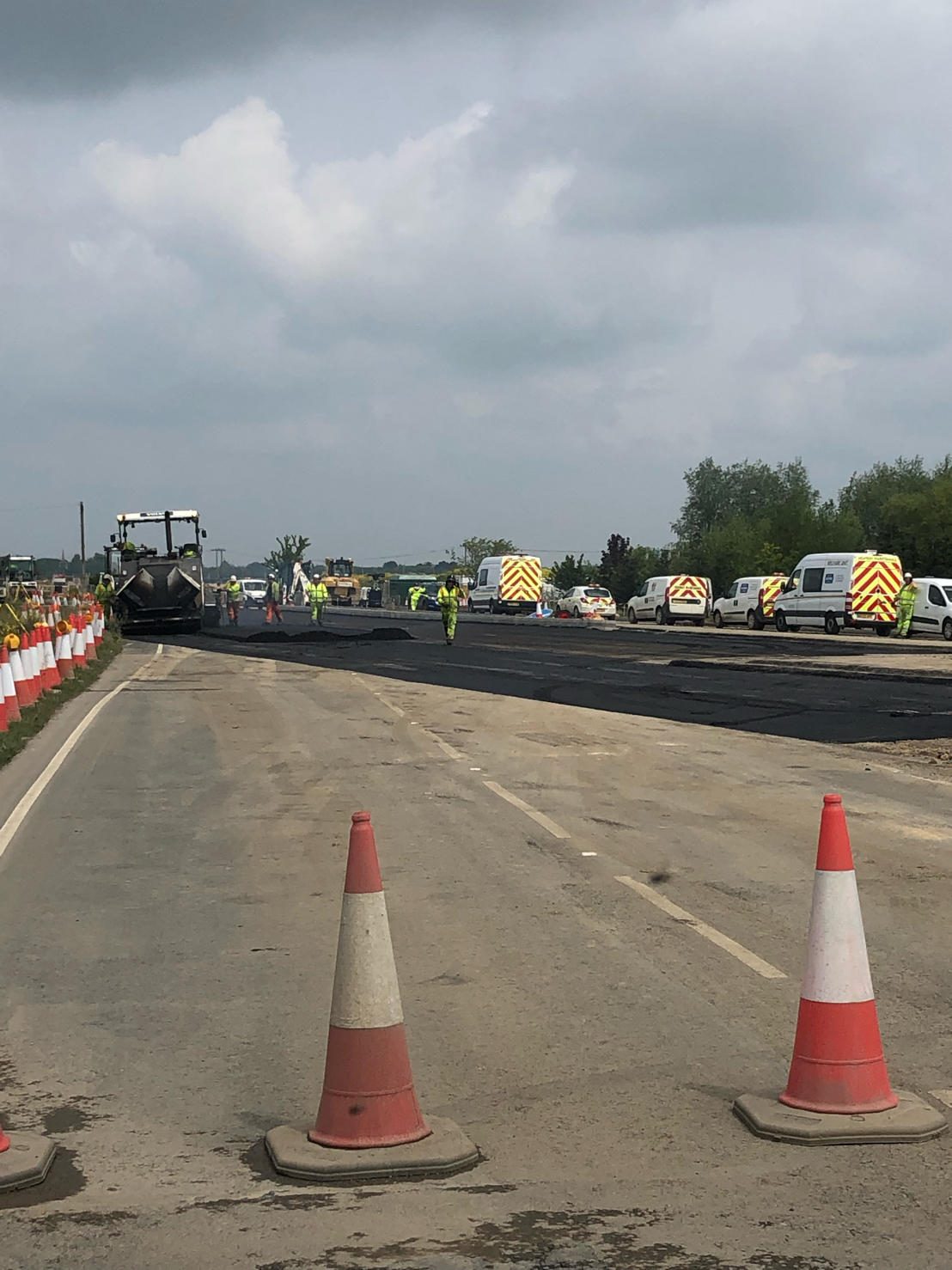 Road construction site with crew and vehicles on a UK motorway scheme